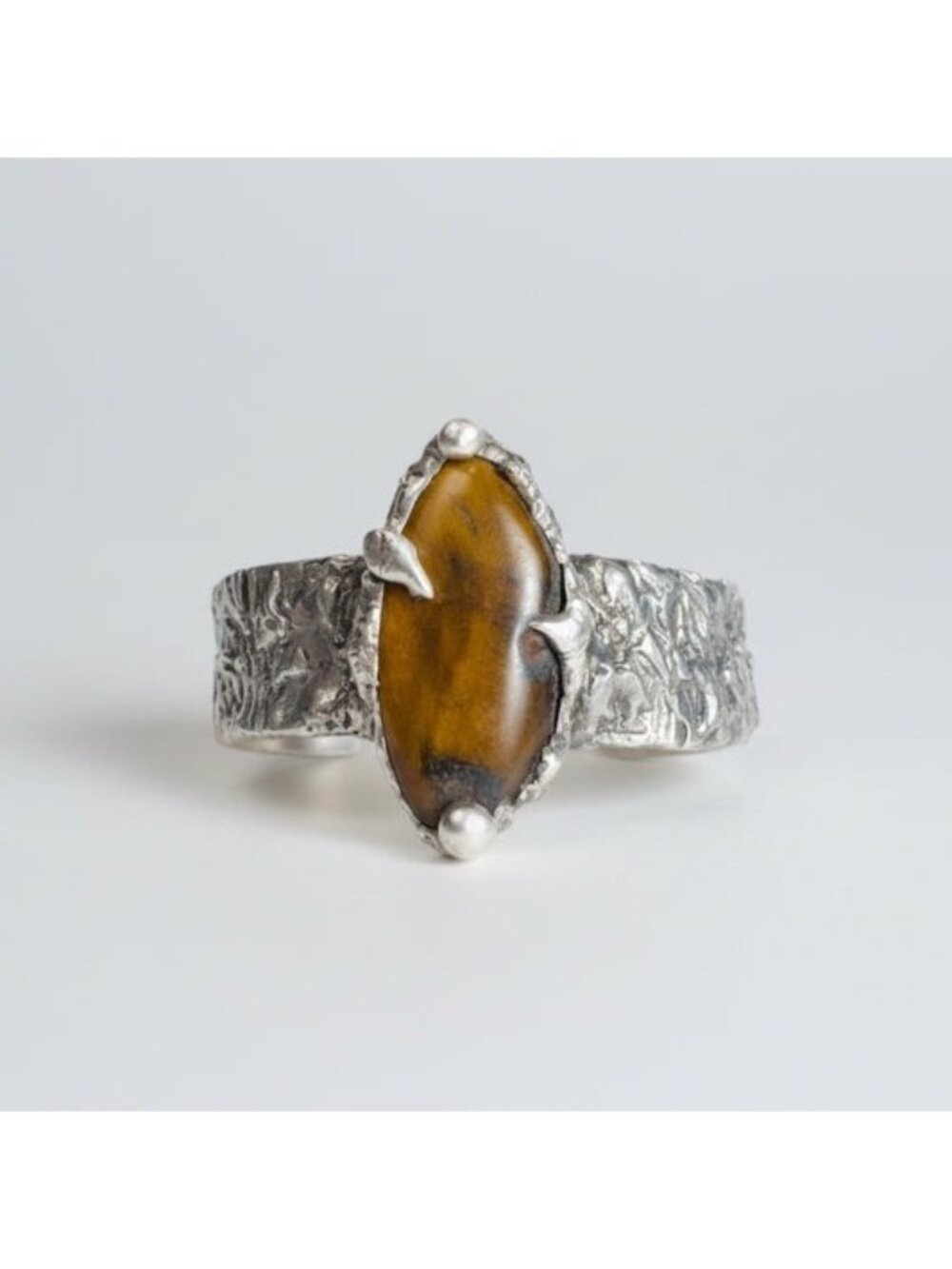 Hand-Forged Brutalist Sterling Silver Cuff Bracelet with Tiger's Eye Cabochon